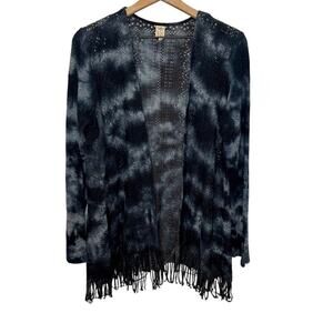 XCVI Women's L Cotton Fringe Open Crochet Knit Cardigan Sweater Bleached Tie Dye